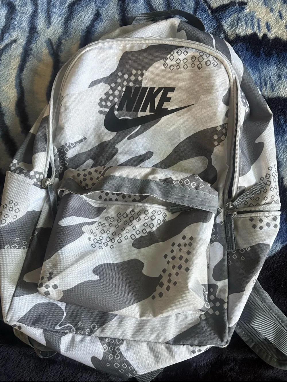 Nike Grey & White Camo Backpack with Black Logo